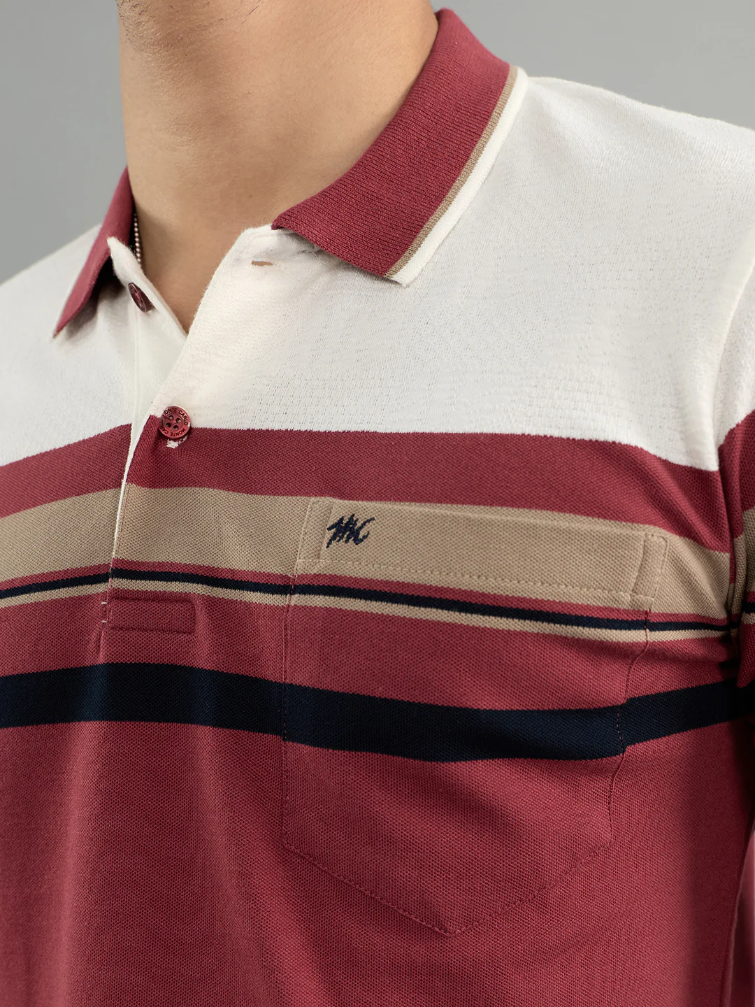 Men Burgundy Stripe Collar Half Sleeve T-Shirt - Image 5