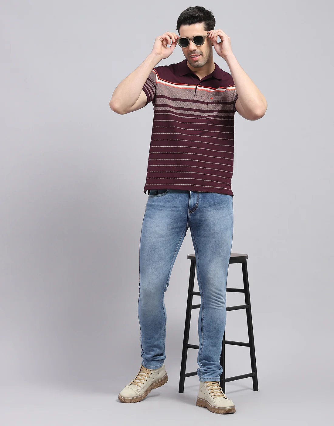 Men Burgundy Stripe Polo Collar Half Sleeve T-Shirt - Image 2