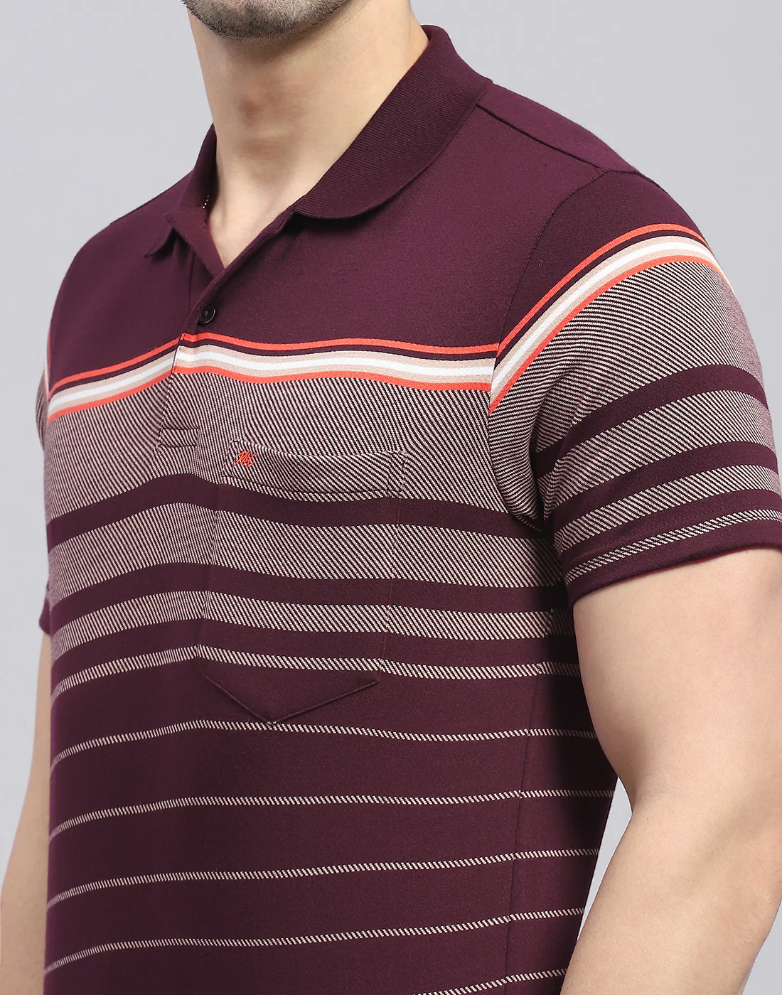 Men Burgundy Stripe Polo Collar Half Sleeve T-Shirt - Image 6