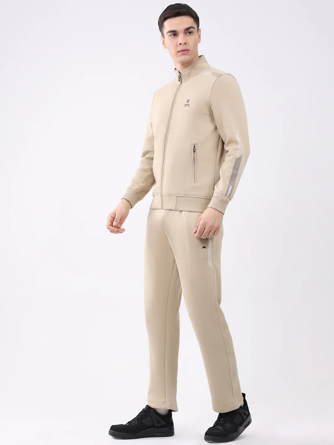 Men Camel Brown Printed Collar Full Sleeve Winter Tracksuit - Image 3