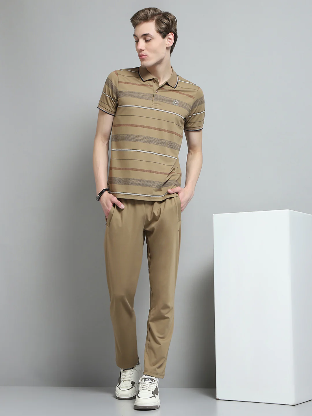 Men Camel Brown Printed Collar Half Sleeve Lower Set - Image 2