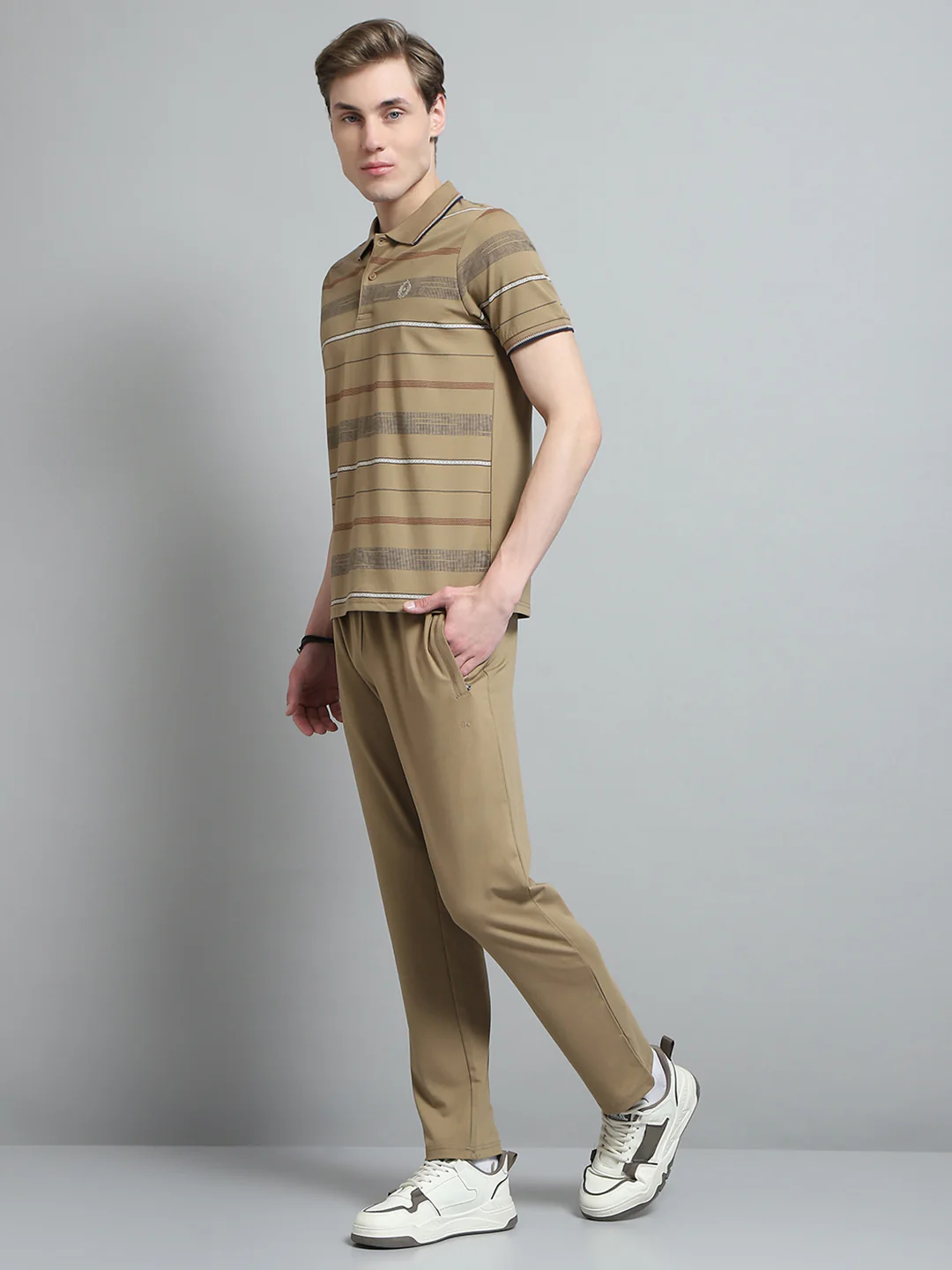 Men Camel Brown Printed Collar Half Sleeve Lower Set - Image 3