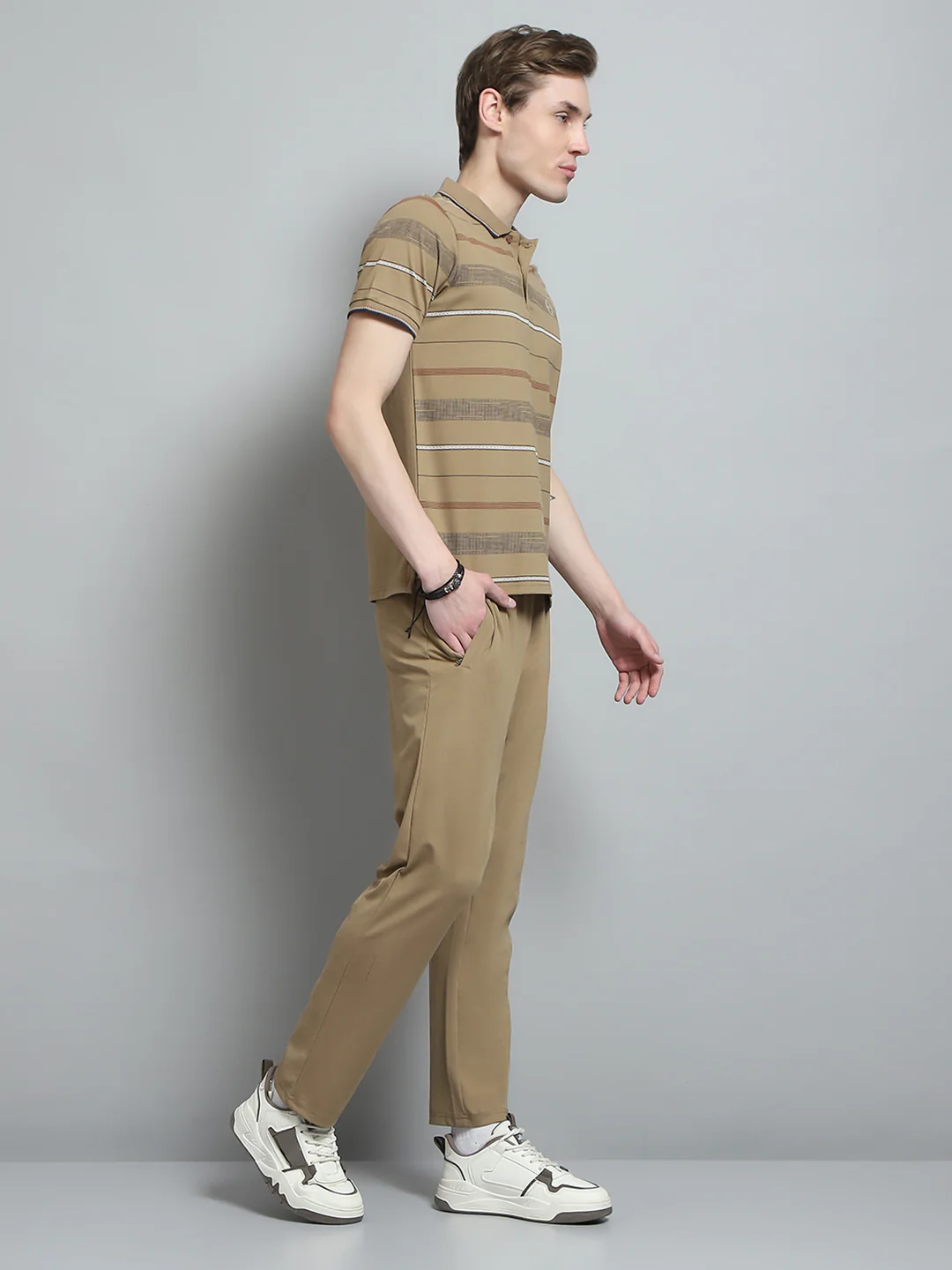 Men Camel Brown Printed Collar Half Sleeve Lower Set - Image 4