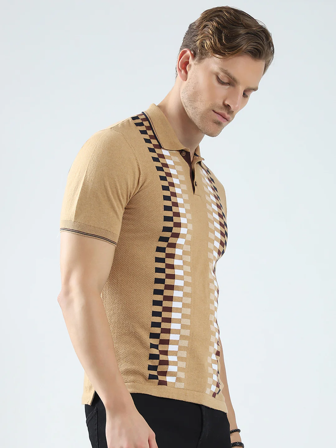 Men Camel Brown Printed Collar Half Sleeve T-Shirt - Image 4