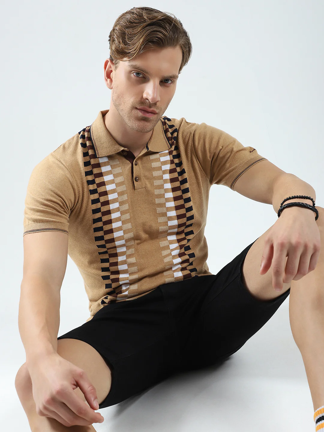 Men Camel Brown Printed Collar Half Sleeve T-Shirt - Image 6