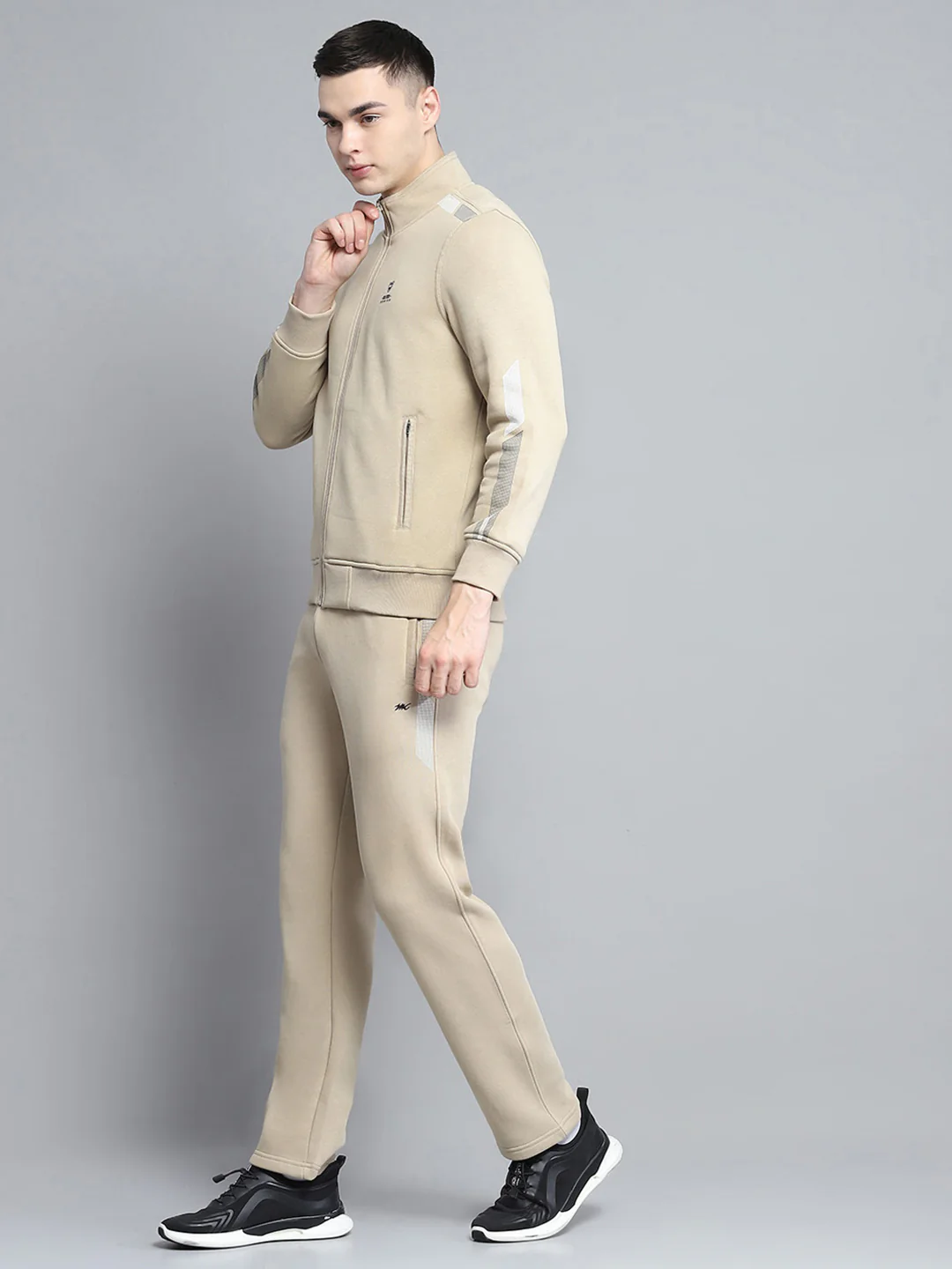 Men Camel Brown Printed Mock Neck Full Sleeve Winter Tracksuit - Image 3