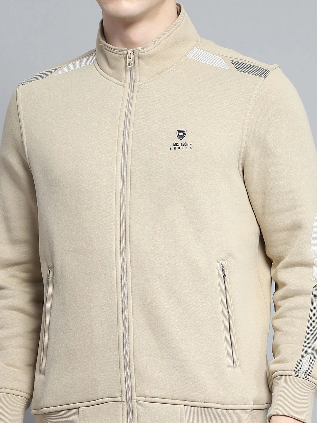 Men Camel Brown Printed Mock Neck Full Sleeve Winter Tracksuit - Image 8