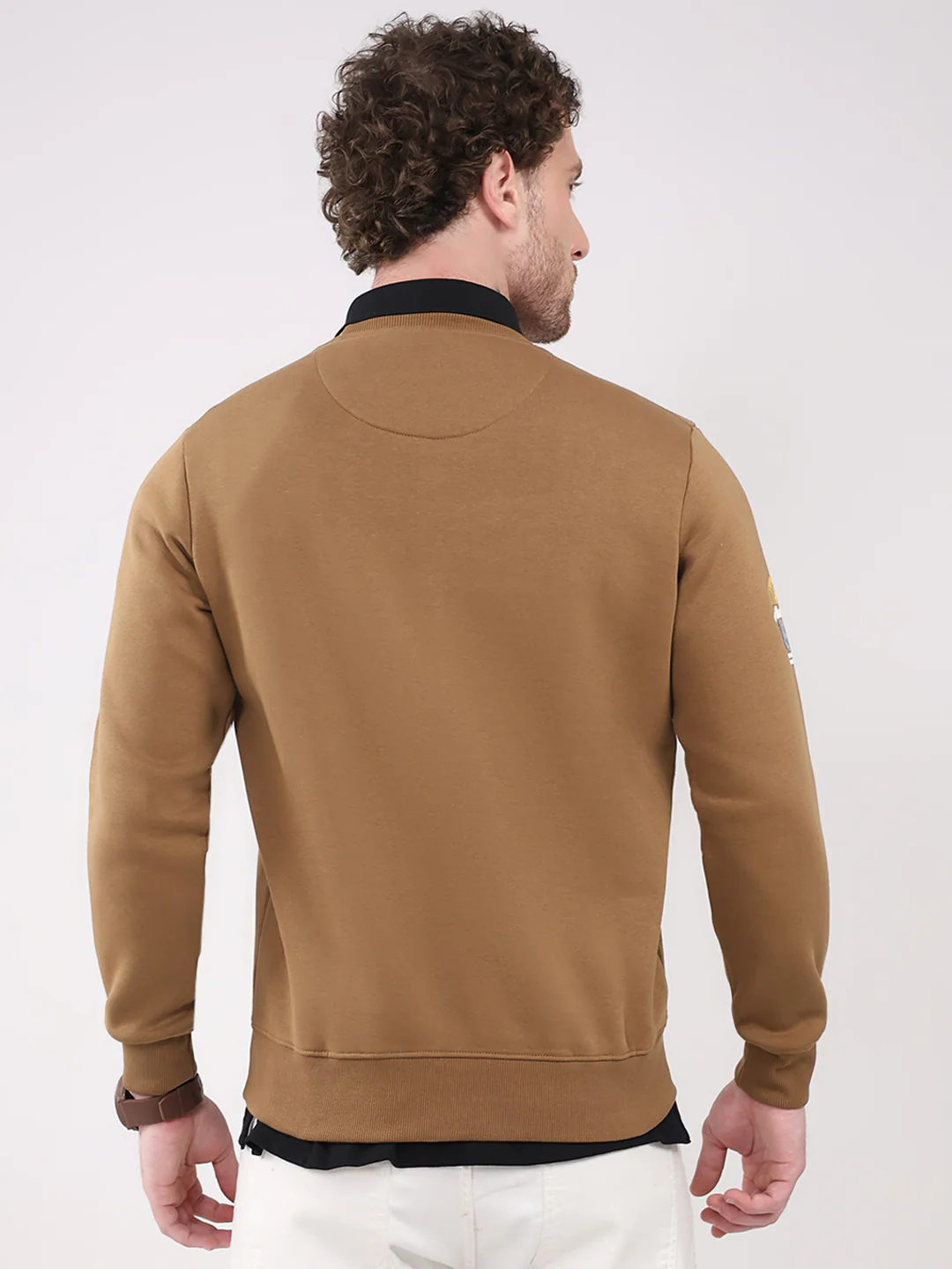 Men Camel Brown Printed Round Neck Full Sleeve Sweatshirt - Image 5