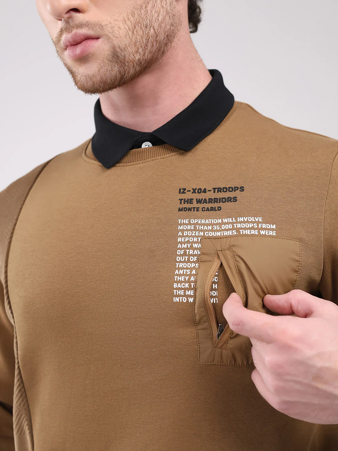 Men Camel Brown Printed Round Neck Full Sleeve Sweatshirt - Image 6