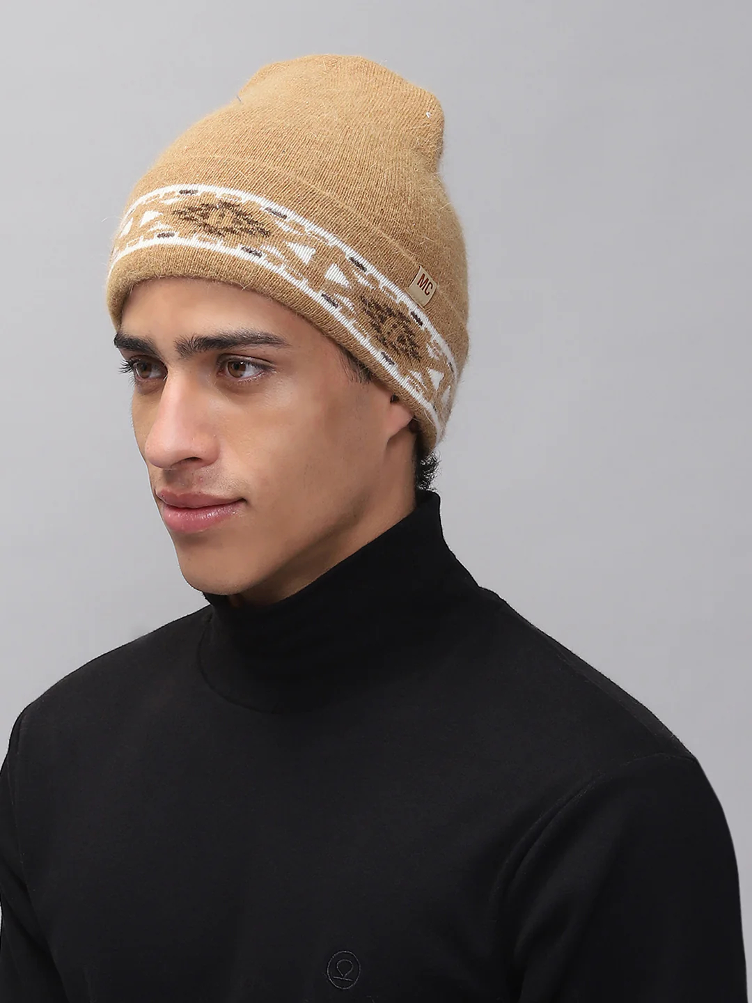 Men Camel Brown Self Design Cap - Image 3
