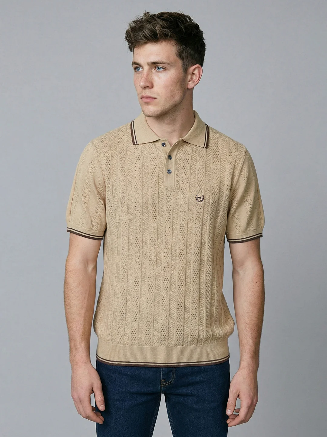 Men Camel Brown Self Design Collar Half Sleeve T-Shirt