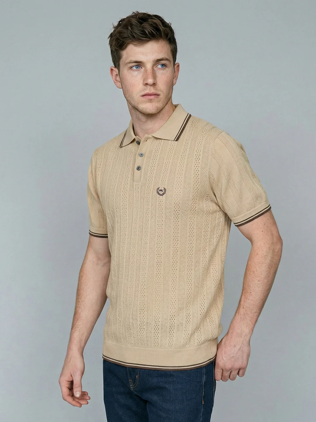 Men Camel Brown Self Design Collar Half Sleeve T-Shirt - Image 3