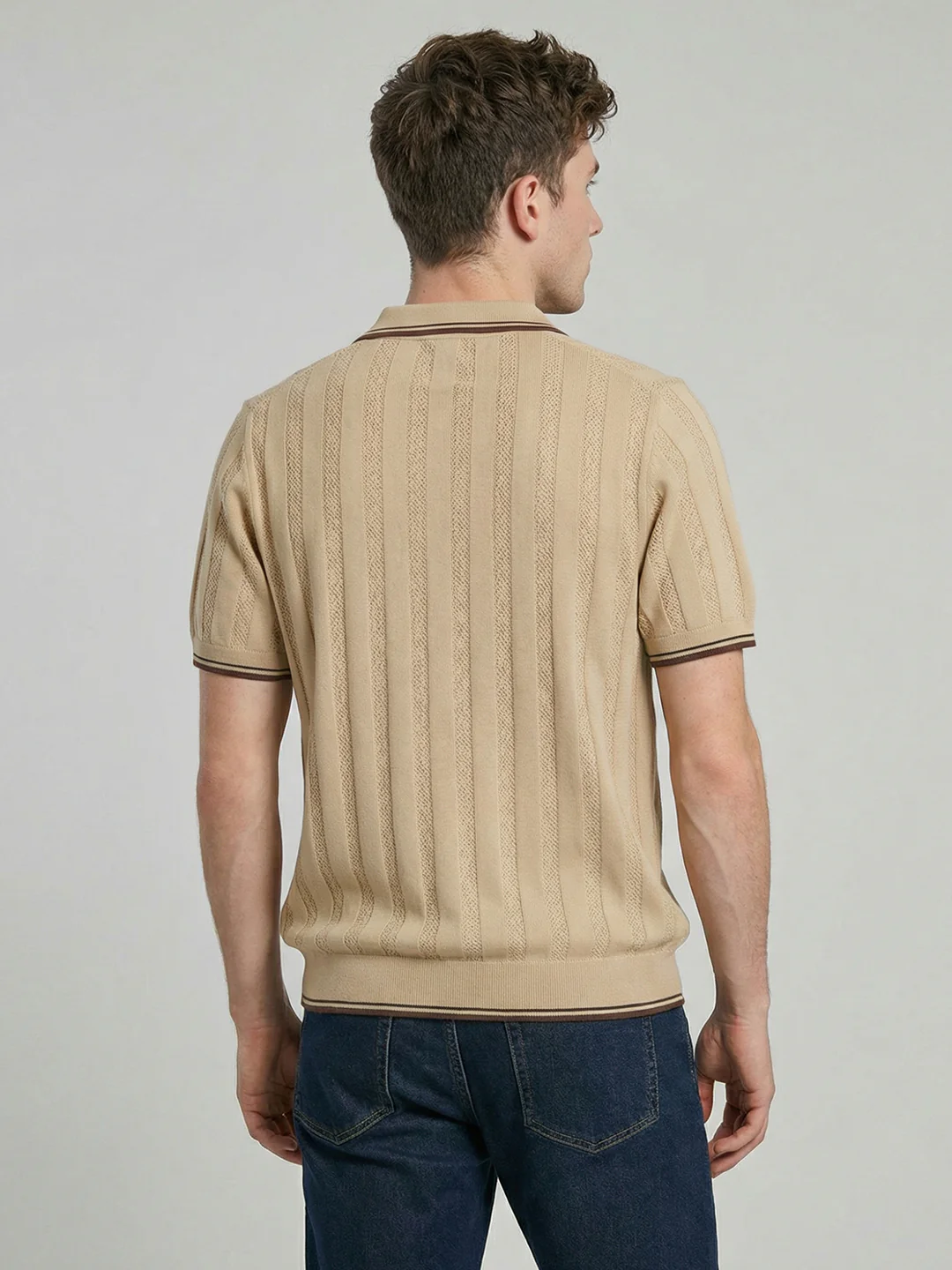 Men Camel Brown Self Design Collar Half Sleeve T-Shirt - Image 4