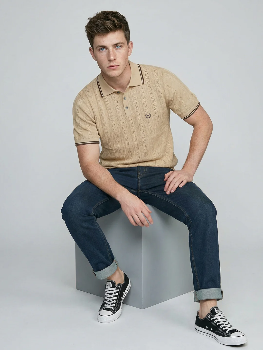 Men Camel Brown Self Design Collar Half Sleeve T-Shirt - Image 5