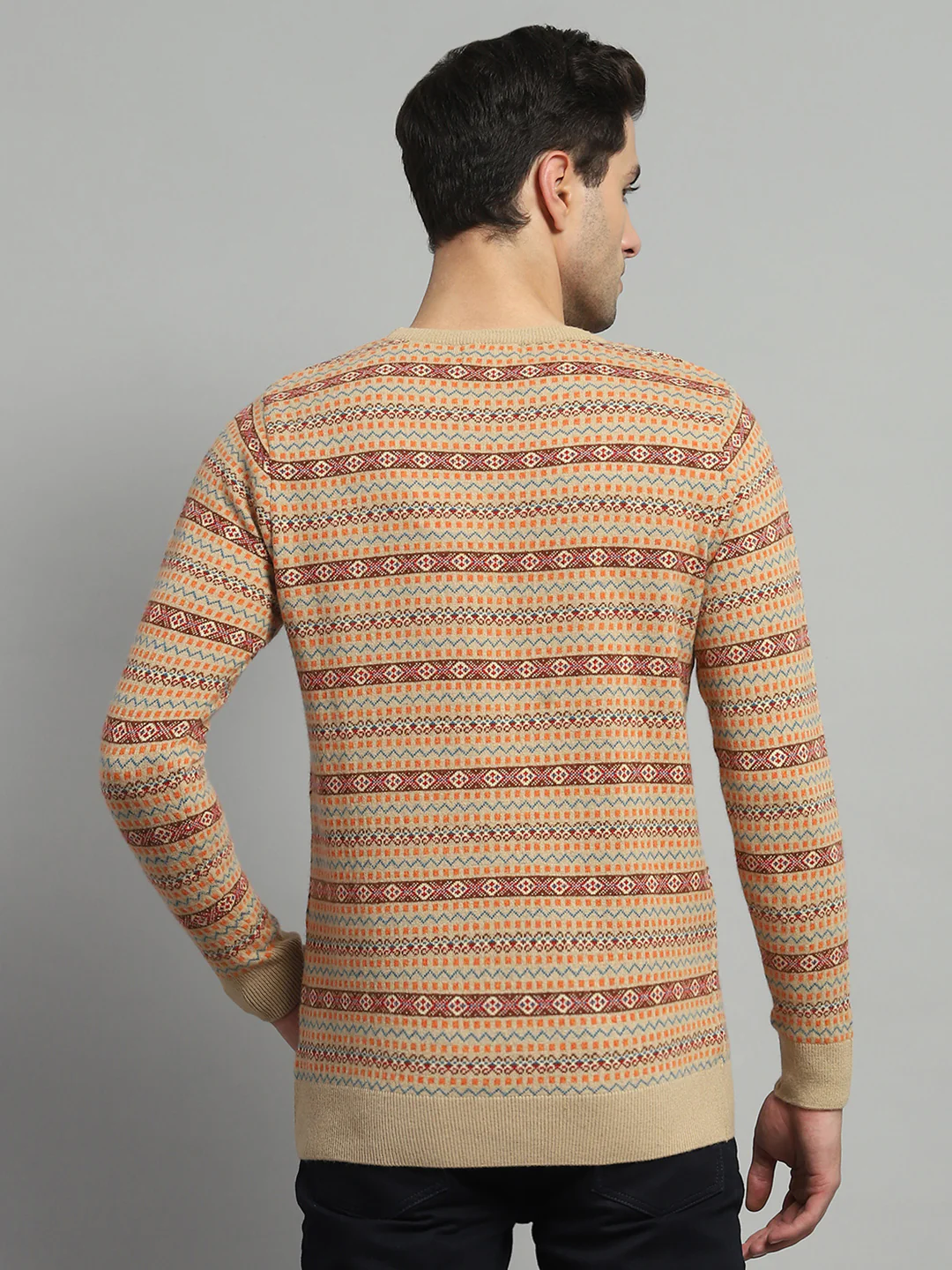 Luxuria Men Camel Brown Self Design Round Neck Full Sleeve Pullover - Image 5