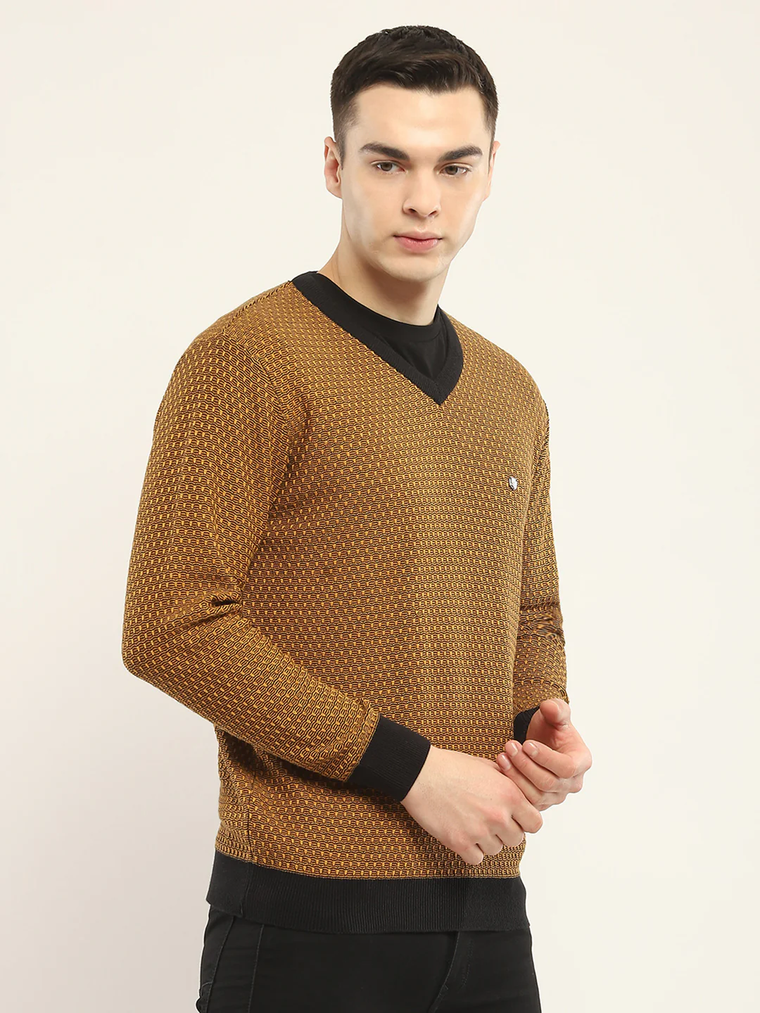 Men Camel Brown Self Design V Neck Full Sleeve Pullover - Image 4