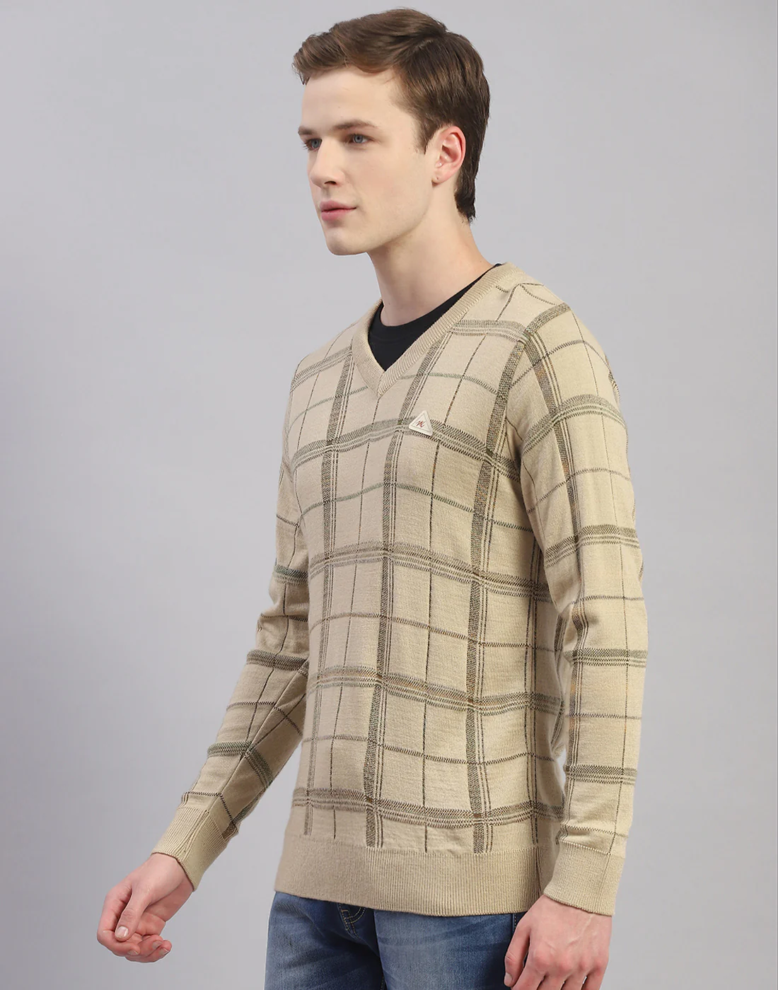 Men Camel Brown Self Design V Neck Full Sleeve Pullover - Image 3
