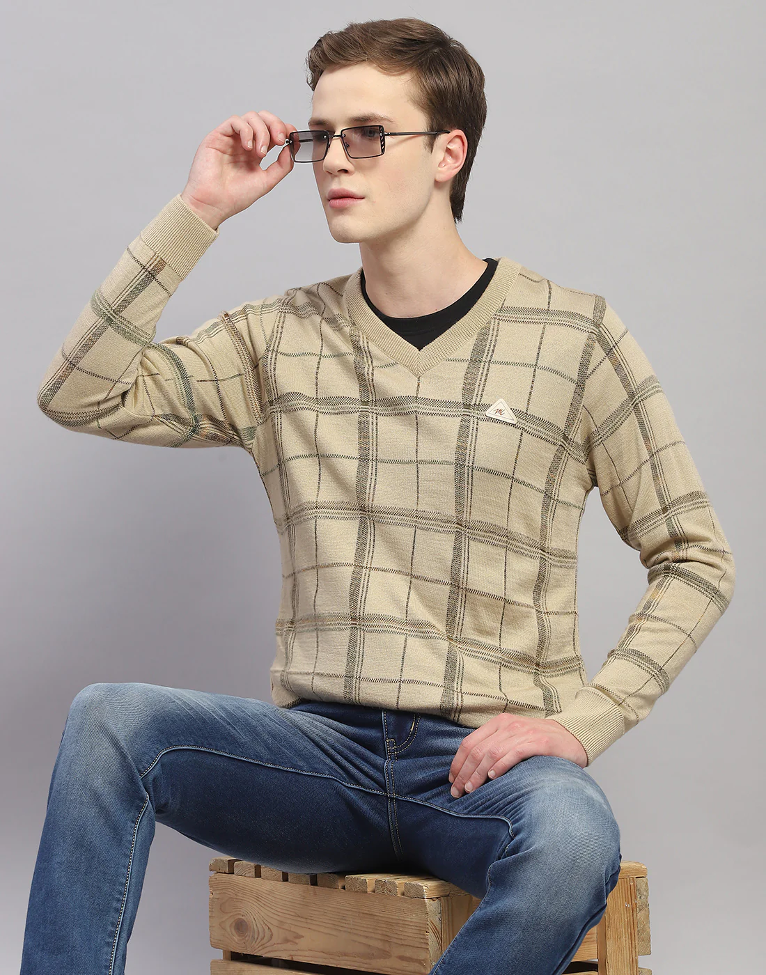 Men Camel Brown Self Design V Neck Full Sleeve Pullover - Image 6