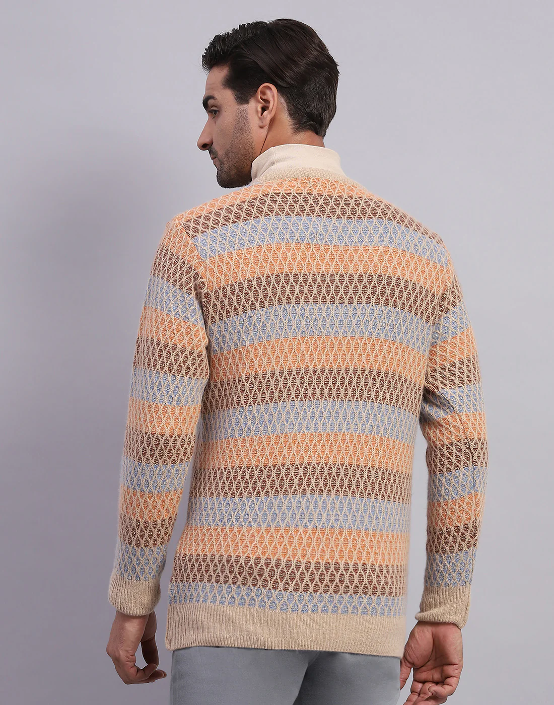 Men Camel Brown Self Design V Neck Full Sleeve Pullover - Image 7