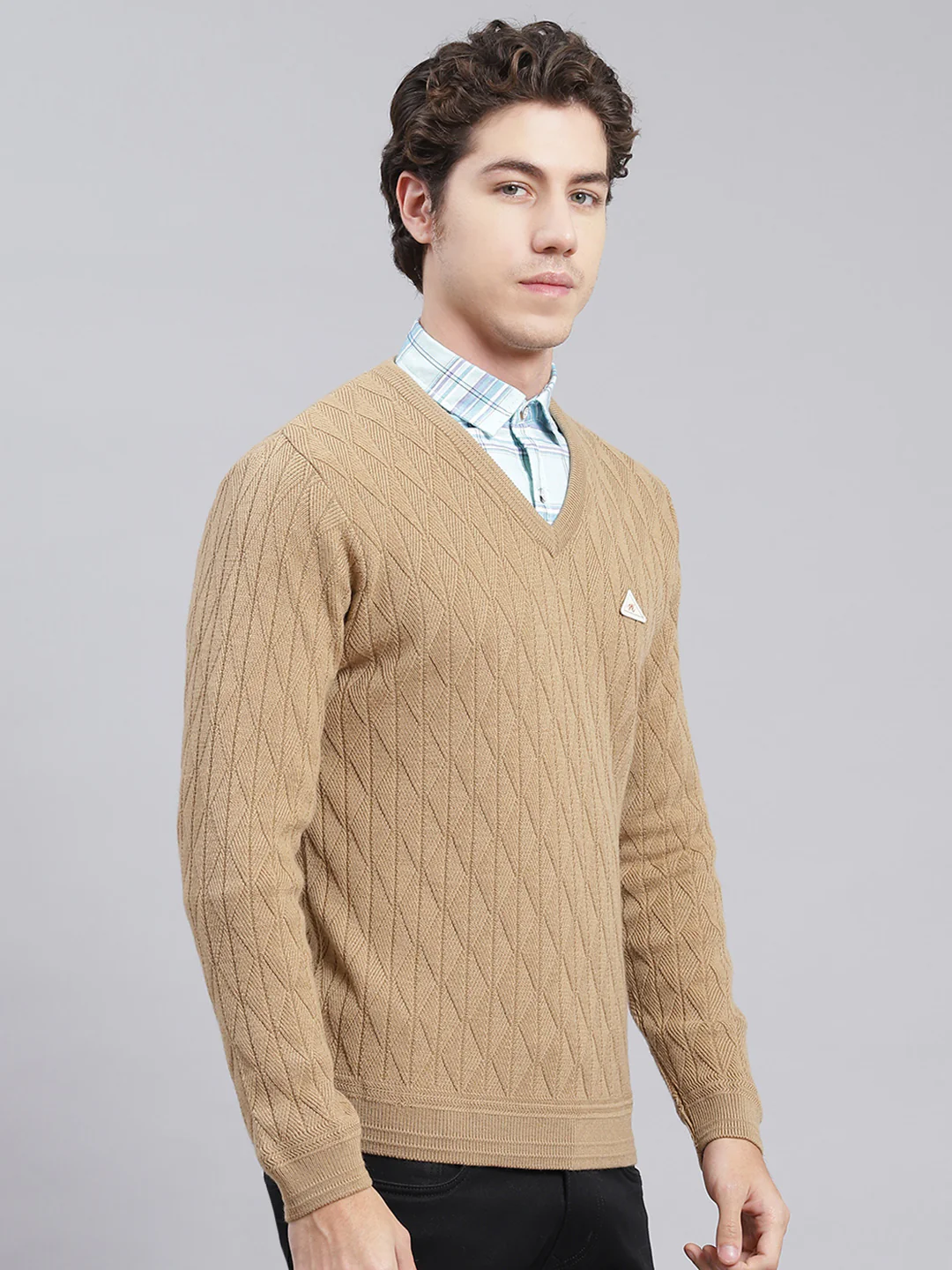 Men Camel Brown Self Design Wool blend Pullover - Image 3