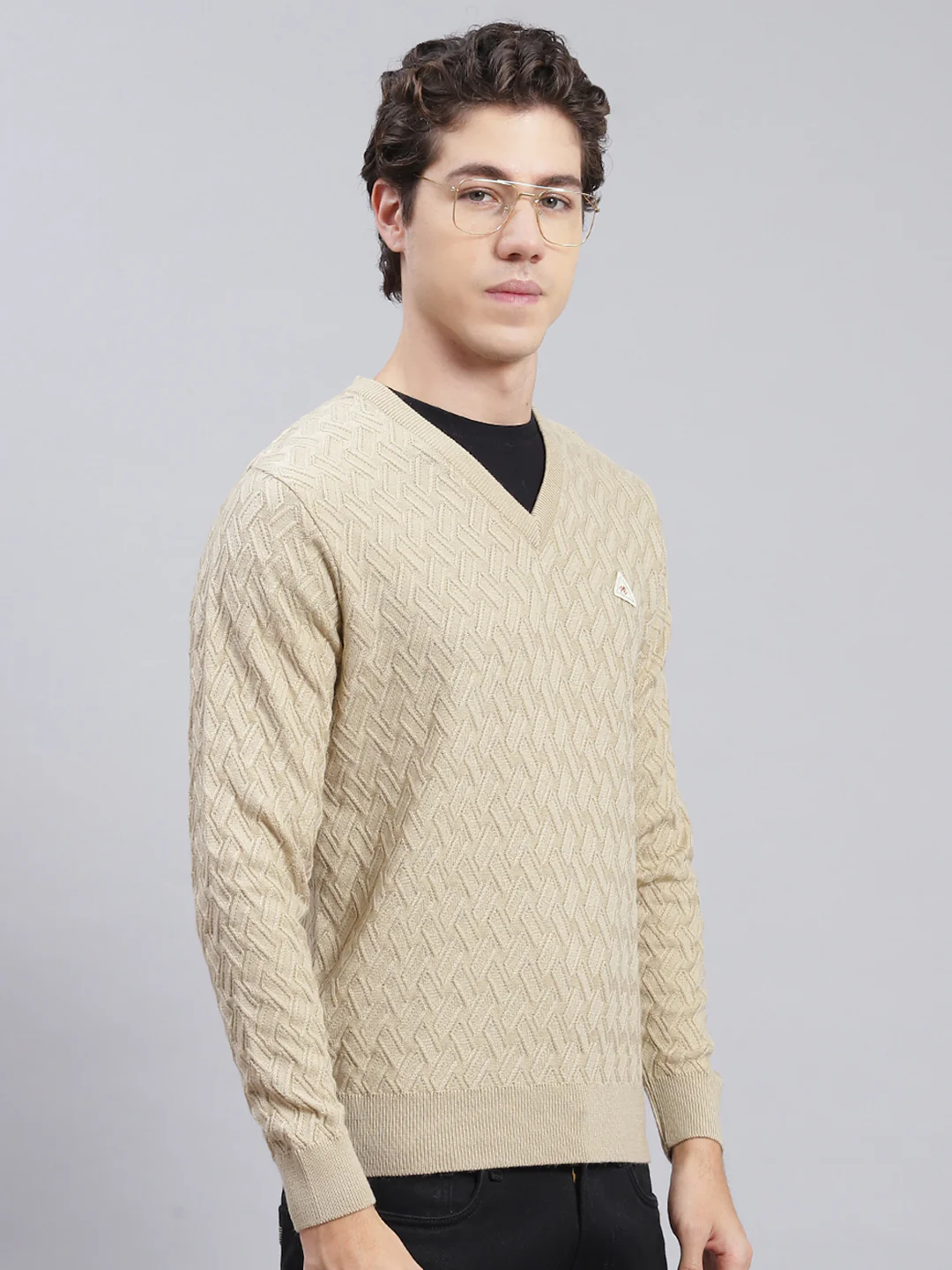 Men Camel Brown Self Design Wool blend Pullover - Image 2