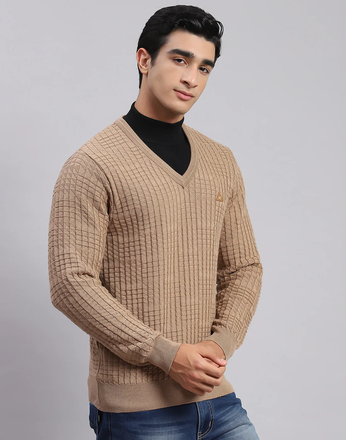 Men Camel Brown Self Design V Neck Full Sleeve Sweaters/Pullovers - Image 4
