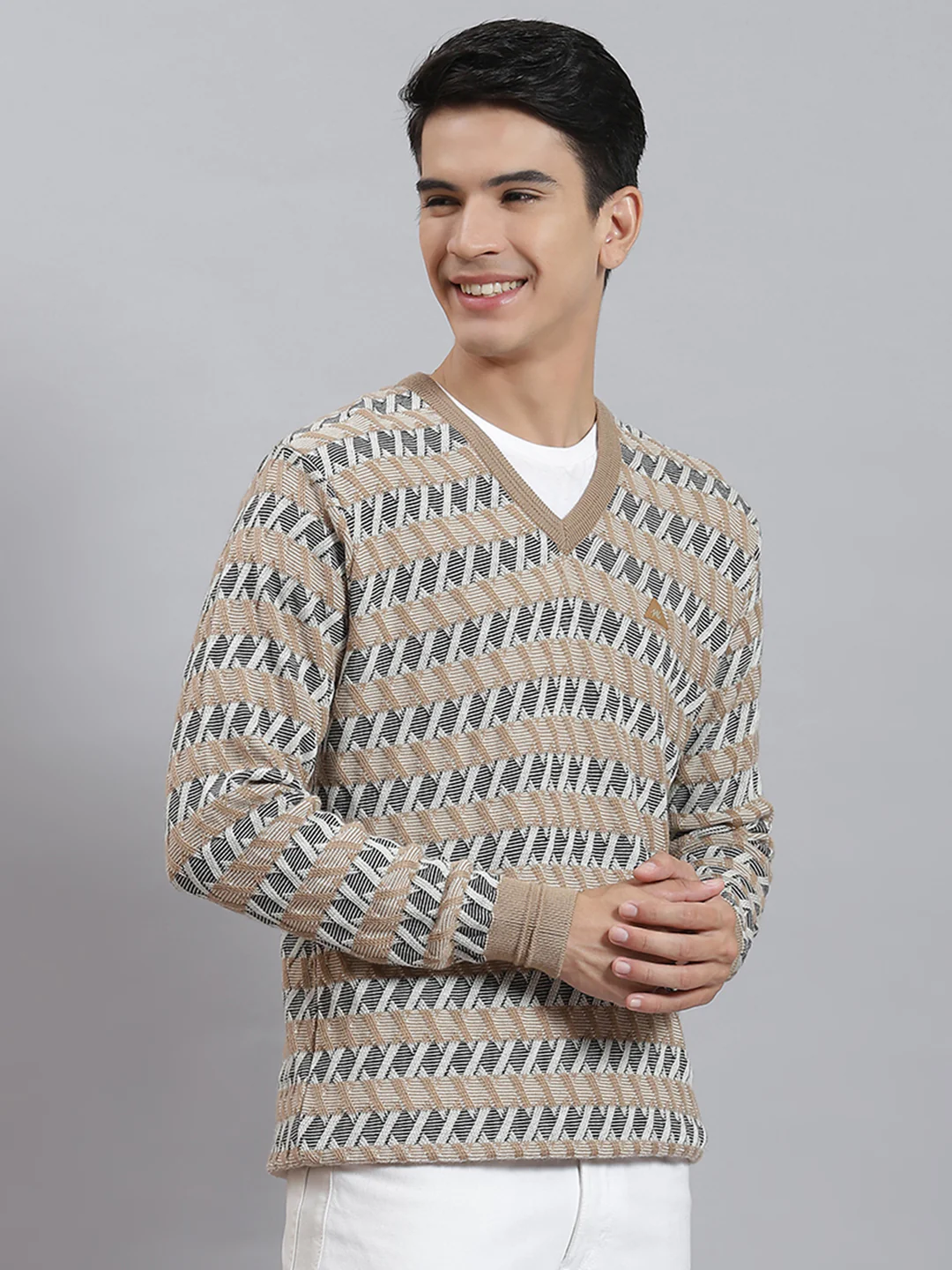 Men Camel Brown Self Design V Neck Full Sleeve Sweaters/Pullovers - Image 4
