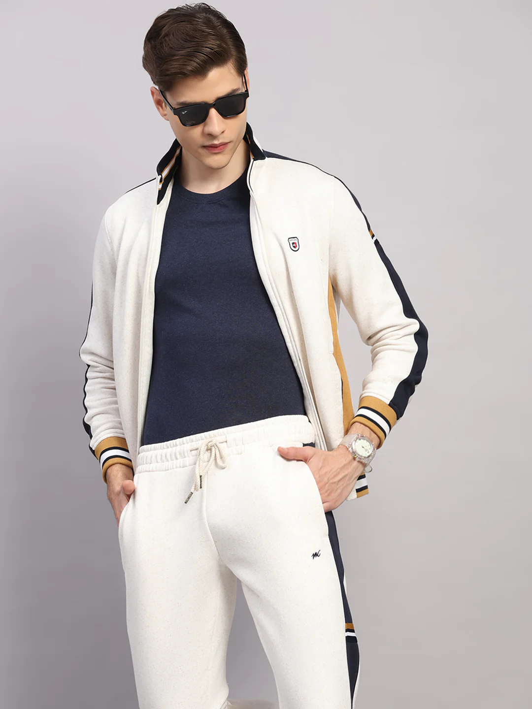 Men Camel Brown Solid Collar Full Sleeve Winter Tracksuit - Image 6