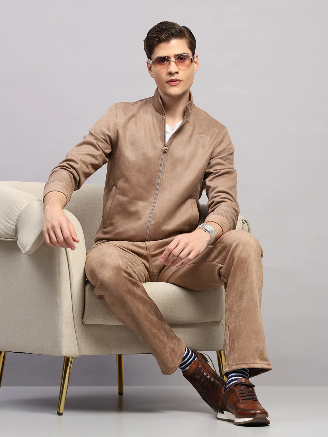 Luxuria Men Camel Brown Solid Collar Full Sleeve Winter Tracksuit - Image 2