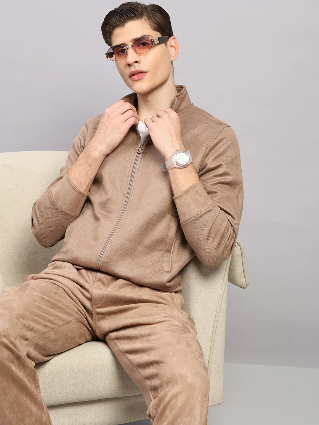 Luxuria Men Camel Brown Solid Collar Full Sleeve Winter Tracksuit - Image 6