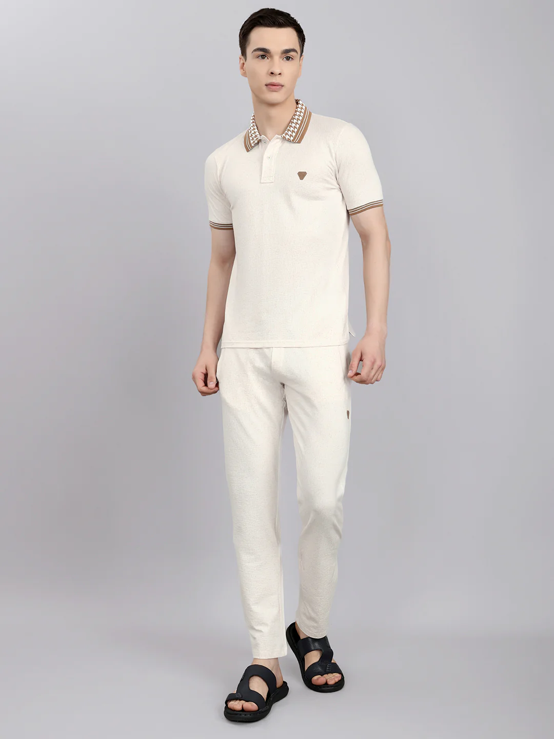 Men Camel Brown Solid Collar Half Sleeve Lower Set