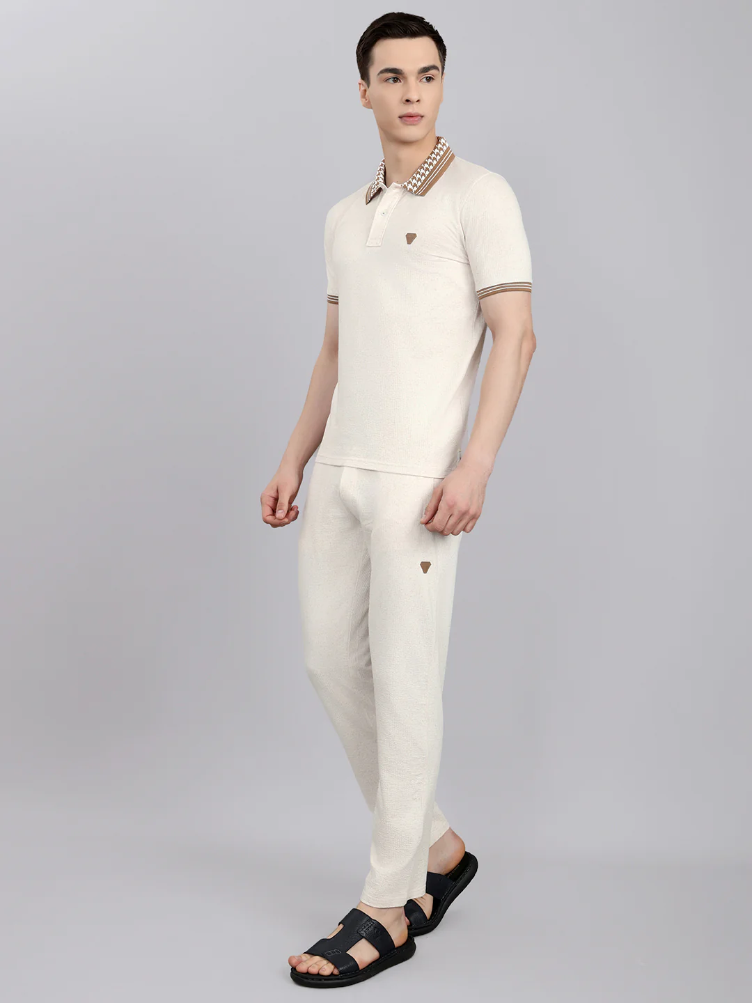 Men Camel Brown Solid Collar Half Sleeve Lower Set - Image 2
