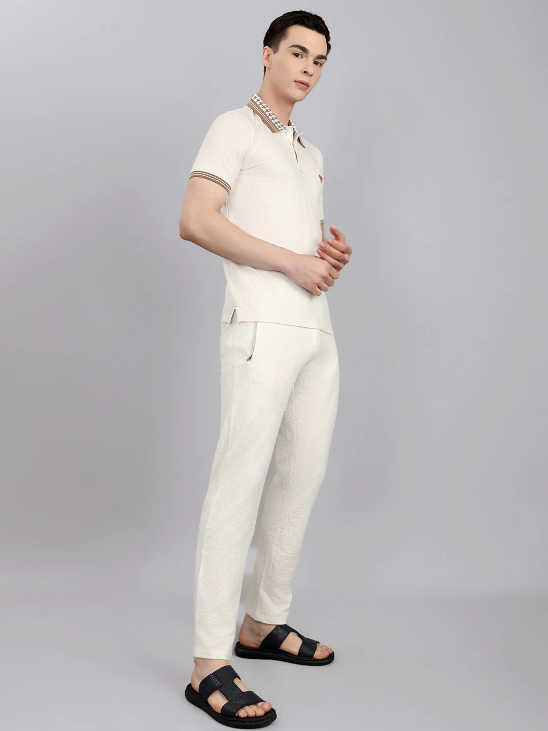 Men Camel Brown Solid Collar Half Sleeve Lower Set - Image 3