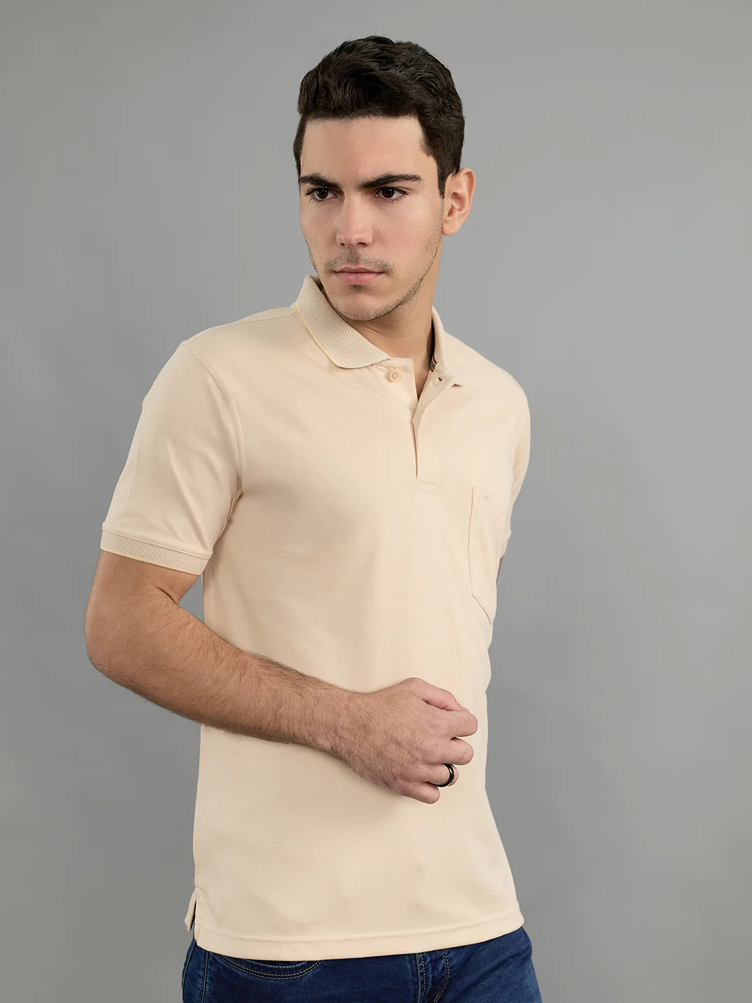 Men Camel Brown Solid Collar Half Sleeve T-Shirt - Image 2