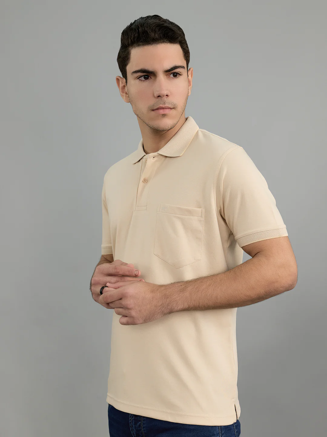 Men Camel Brown Solid Collar Half Sleeve T-Shirt - Image 3