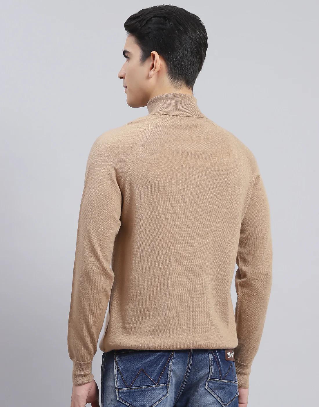 Men Camel Brown Solid High Neck Full Sleeve Pullover - Image 5