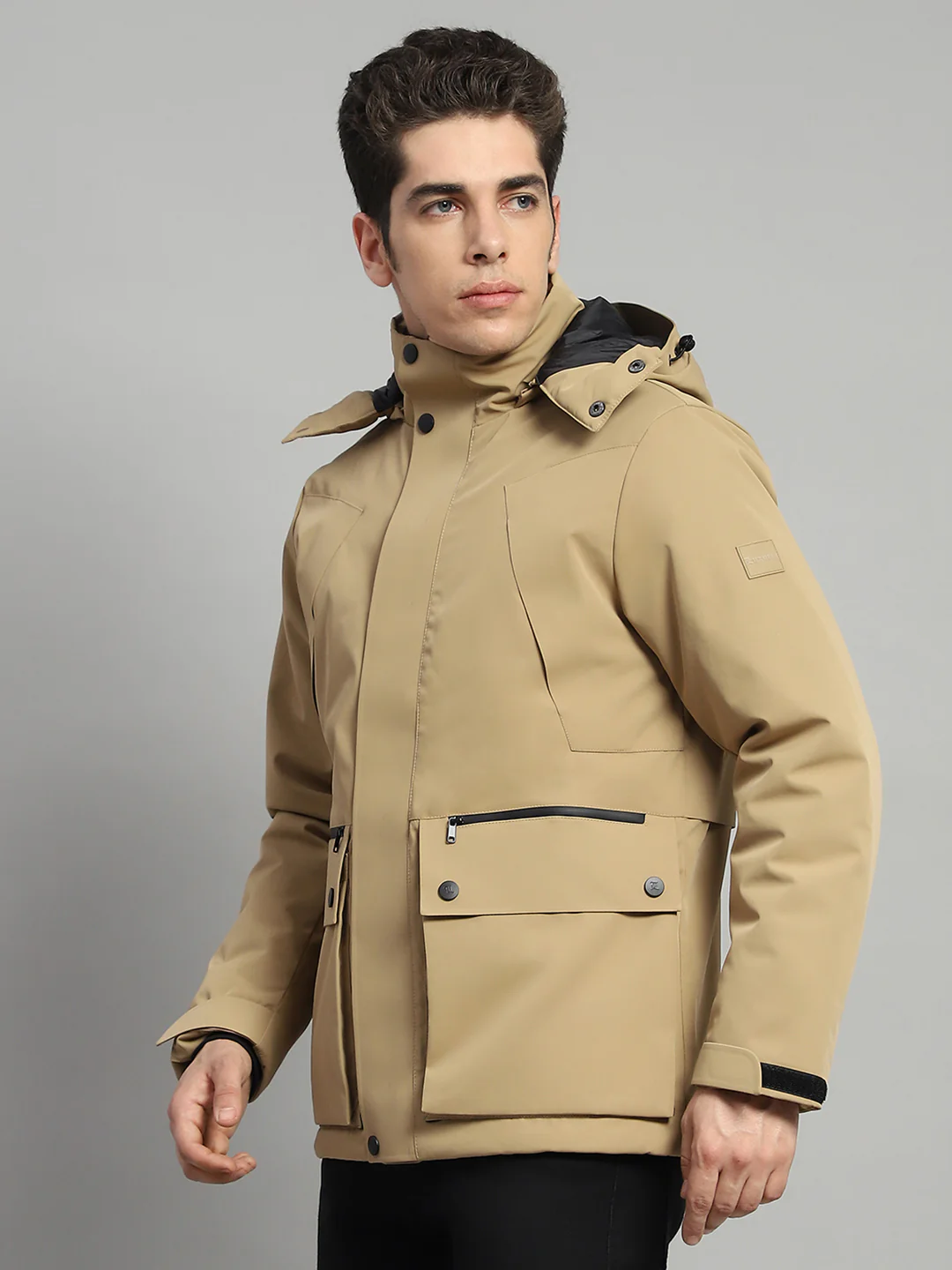 Men Camel Brown Solid Hooded Full Sleeve Jacket - Image 3