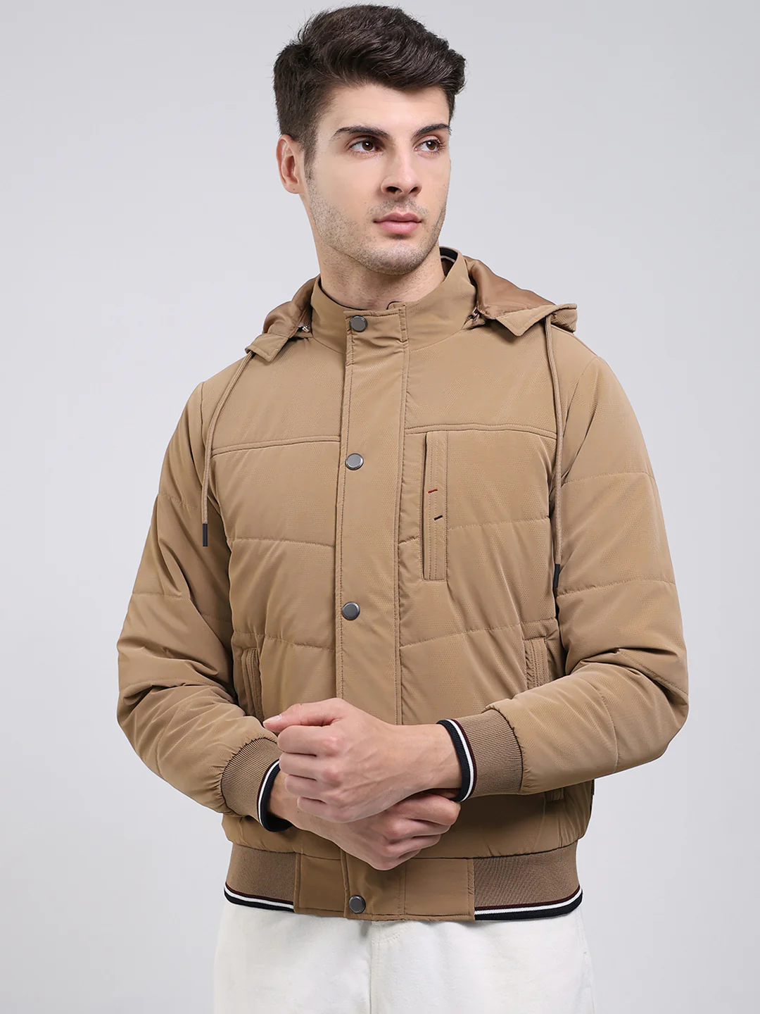 Men Camel Brown Solid Hooded Full Sleeve Jacket