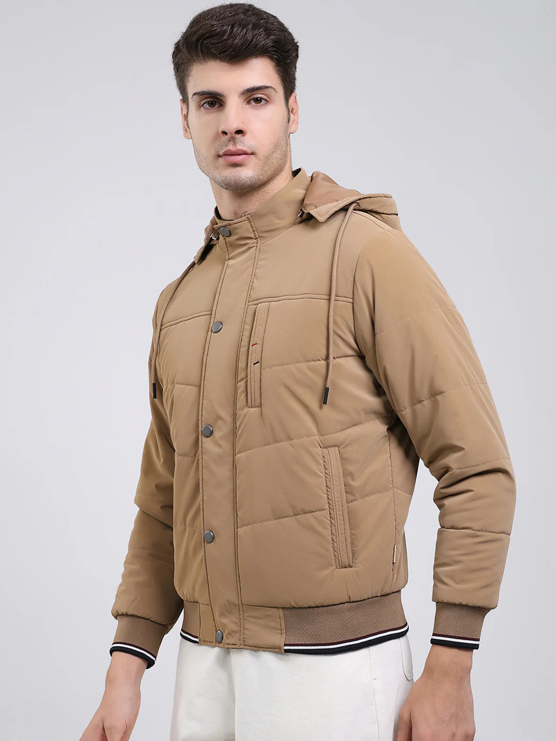 Men Camel Brown Solid Hooded Full Sleeve Jacket - Image 3