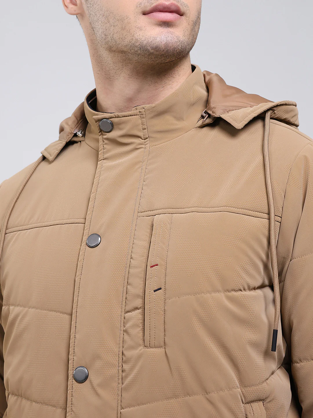 Men Camel Brown Solid Hooded Full Sleeve Jacket - Image 6