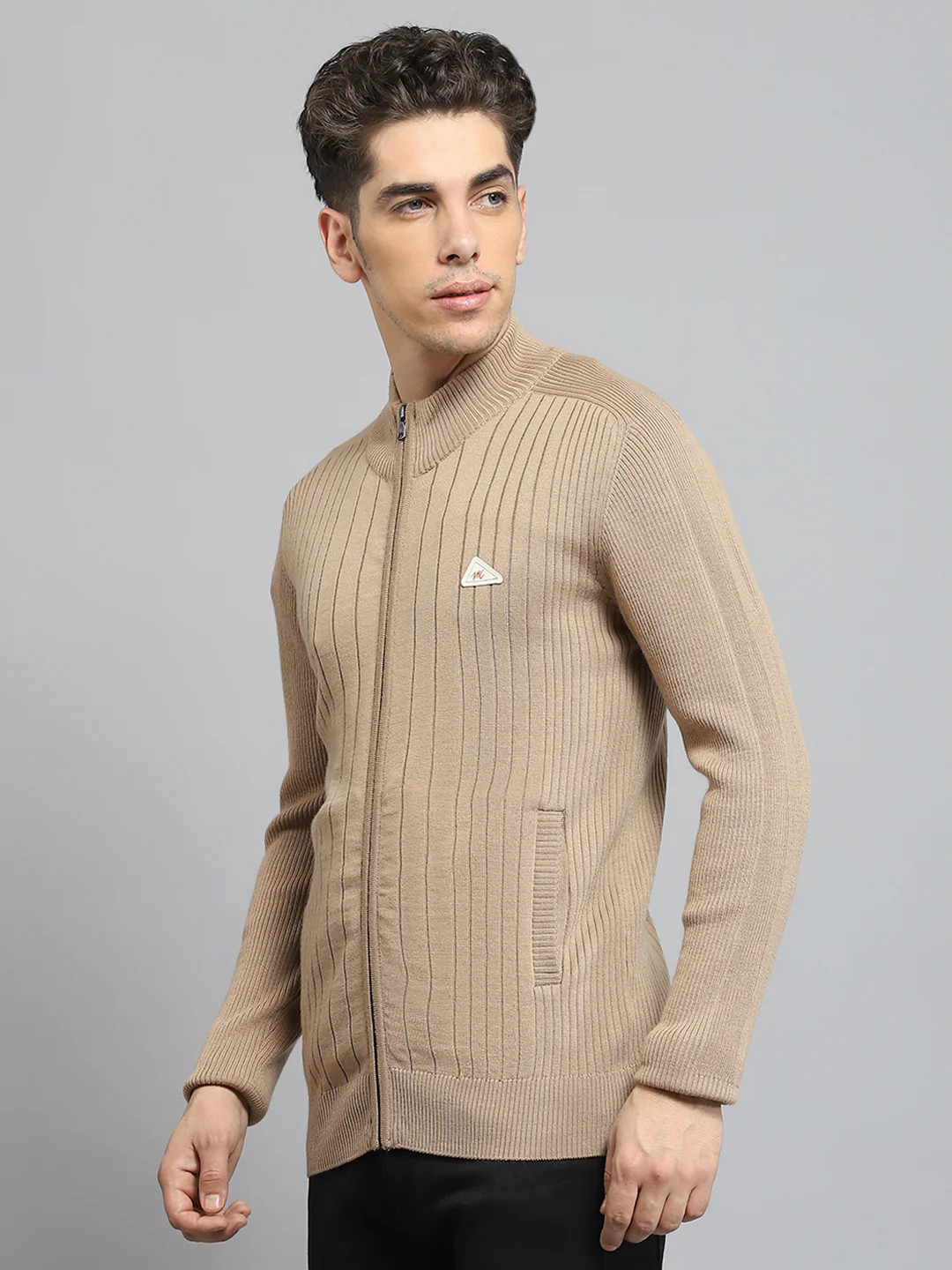 Men Camel Brown Solid Mock Neck Full Sleeve Pullover - Image 3