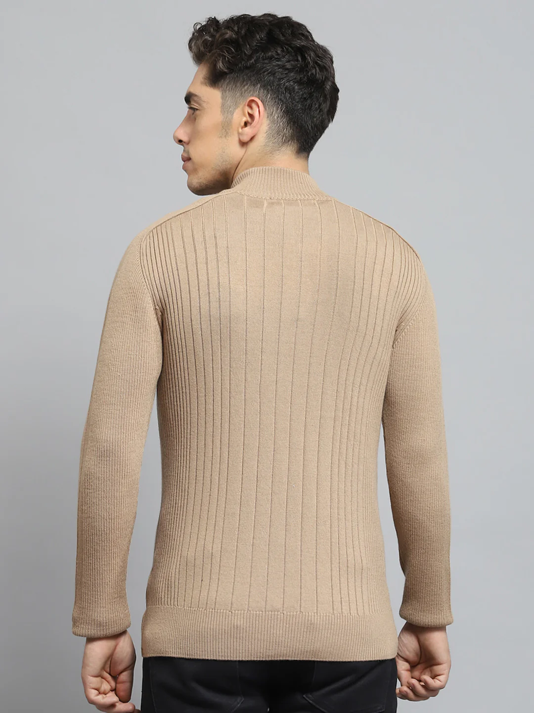 Men Camel Brown Solid Mock Neck Full Sleeve Pullover - Image 5