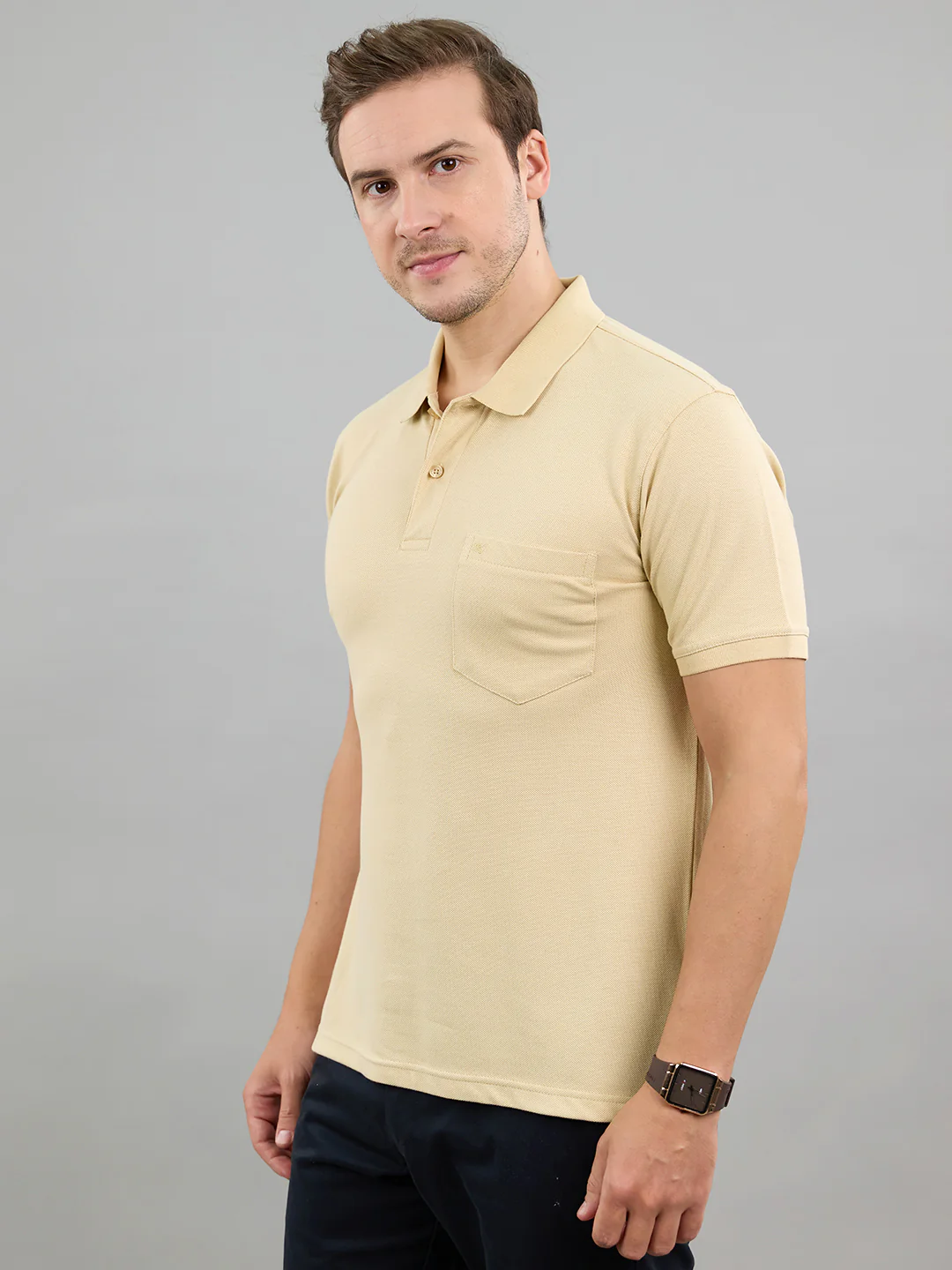 Men Camel Brown Solid Polo Collar Half Sleeve T-Shirt - Image 2