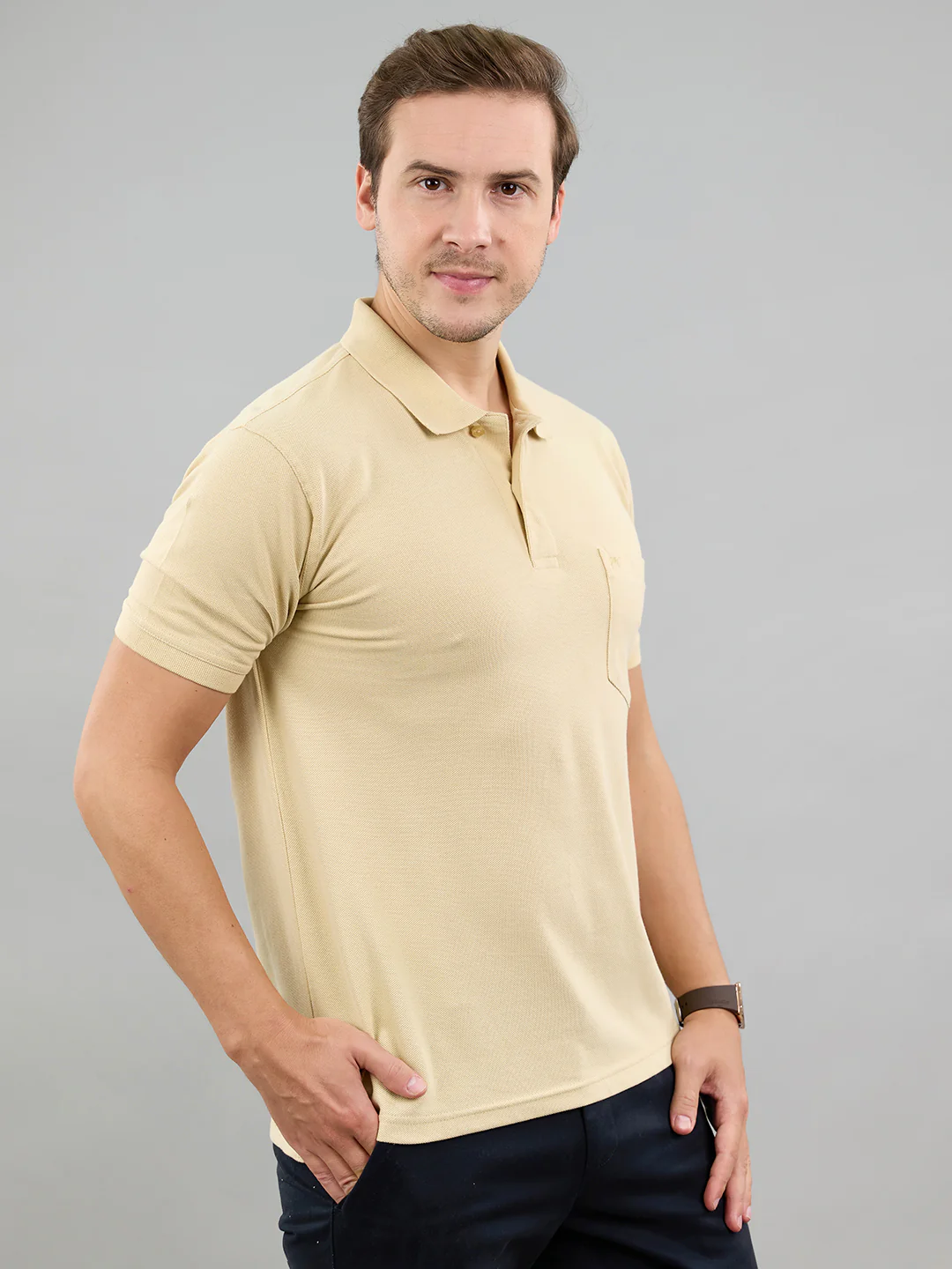 Men Camel Brown Solid Polo Collar Half Sleeve T-Shirt - Image 3
