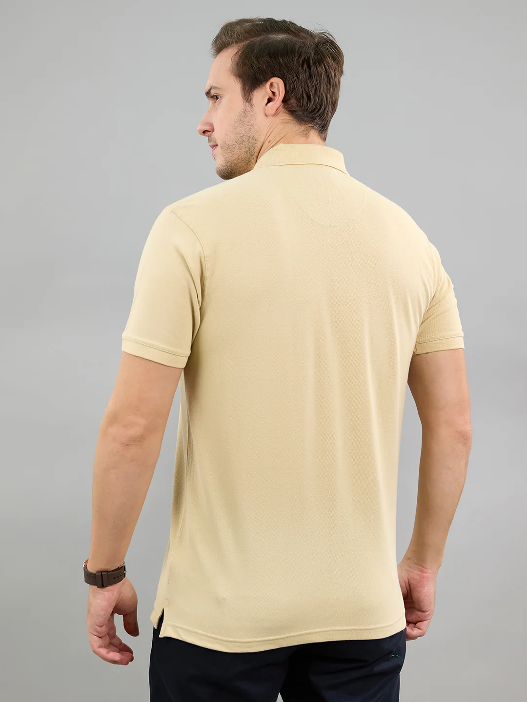Men Camel Brown Solid Polo Collar Half Sleeve T-Shirt - Image 4