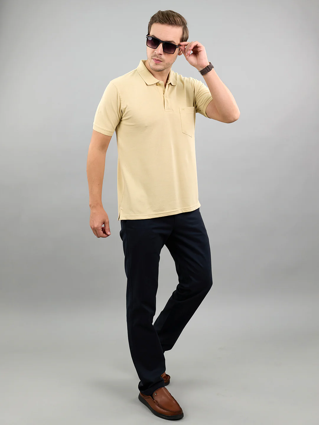 Men Camel Brown Solid Polo Collar Half Sleeve T-Shirt - Image 7