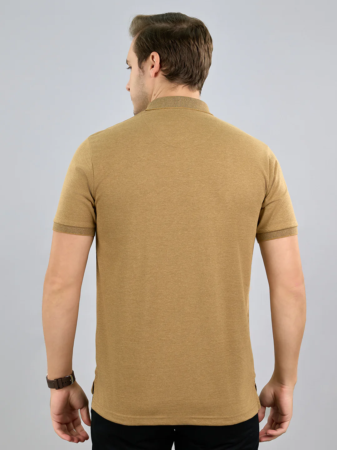Men Camel Brown Solid Polo Collar Half Sleeve T-Shirt - Image 4