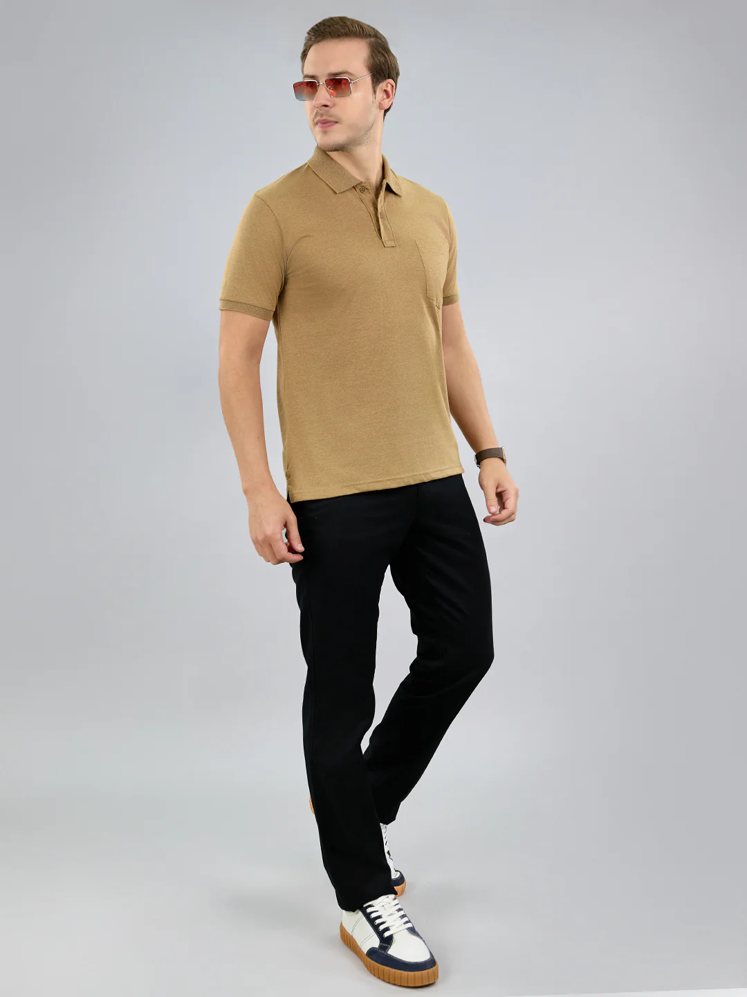 Men Camel Brown Solid Polo Collar Half Sleeve T-Shirt - Image 6