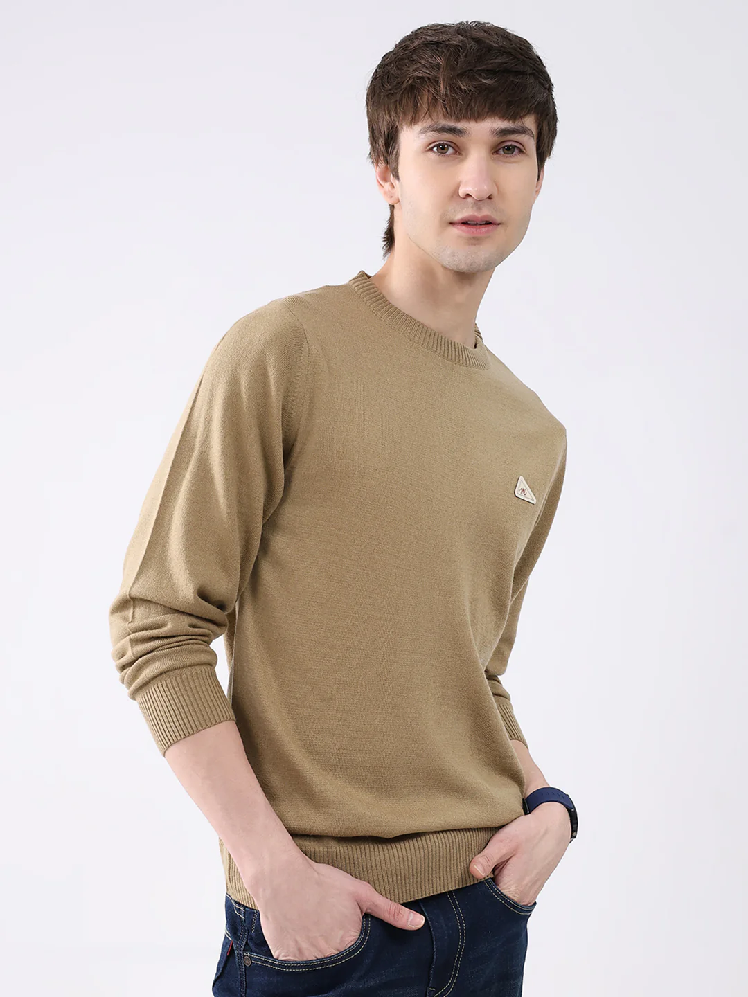 Men Camel Brown Solid Round Neck Full Sleeve Pullover - Image 4