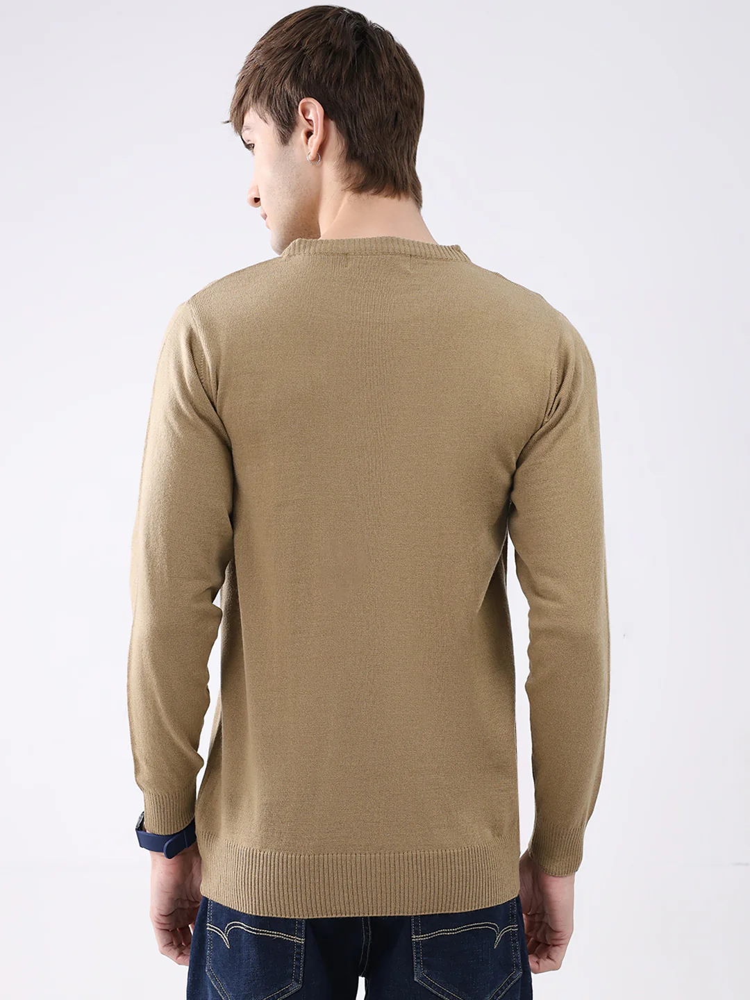 Men Camel Brown Solid Round Neck Full Sleeve Pullover - Image 5